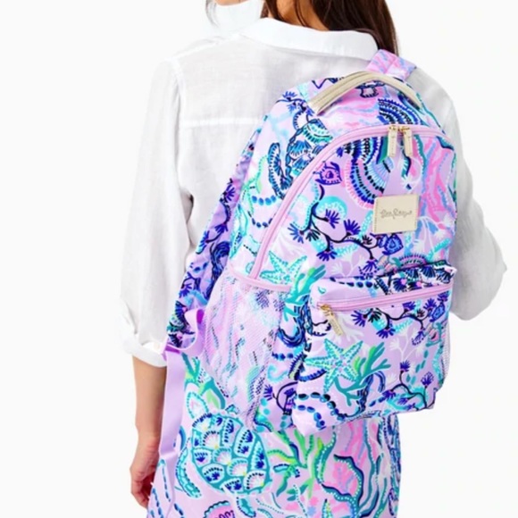 NWT Lilly Pulitzer Bahia Backpack Poly Lilac Mermaid For You Zipper Mesh Logo - Picture 5 of 6